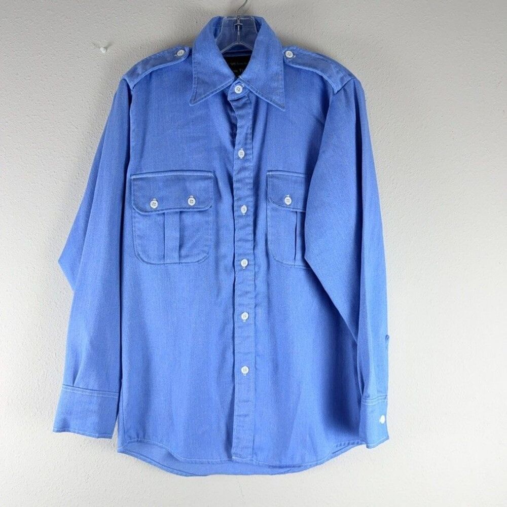 Norm Thompson Vintage Epaulet Safari Size M Blue Utility Button Down Shirt Retro